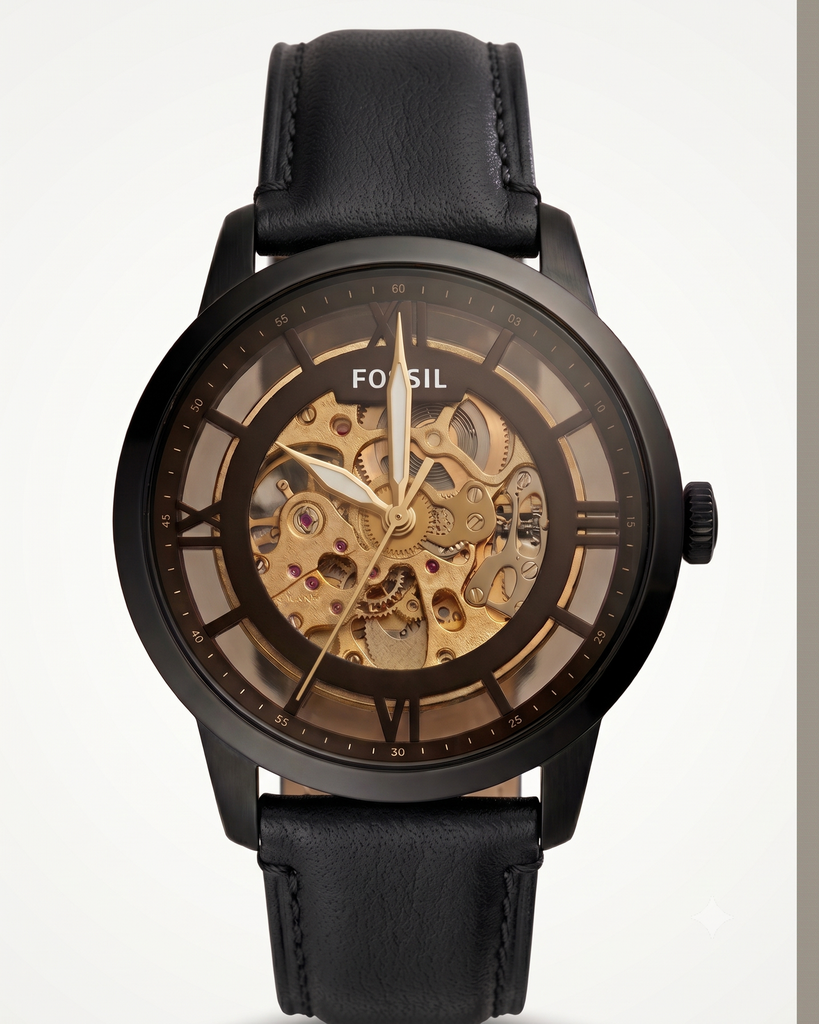Fossil Townsman Automatic Silver Tone Black Leather Watch